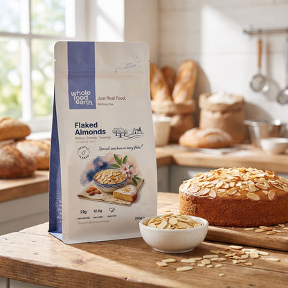 Whole Food Earth flaked almonds in a bowl, close-up of crunchy, toasted almond flakes for snacking or baking.