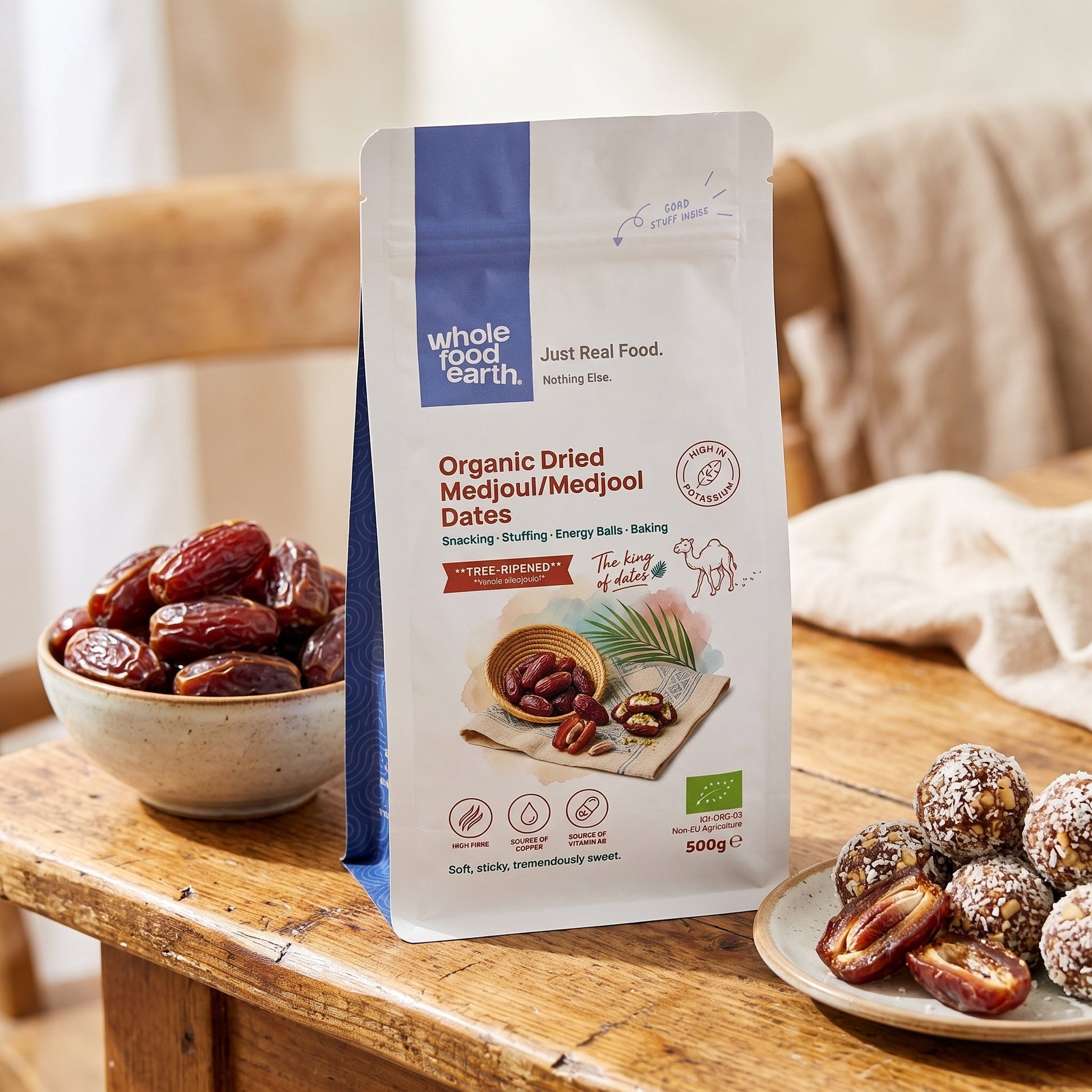 Organic dried Medjoul dates from Whole Food Earth, showcasing plump, glossy Medjool dates in a natural setting.