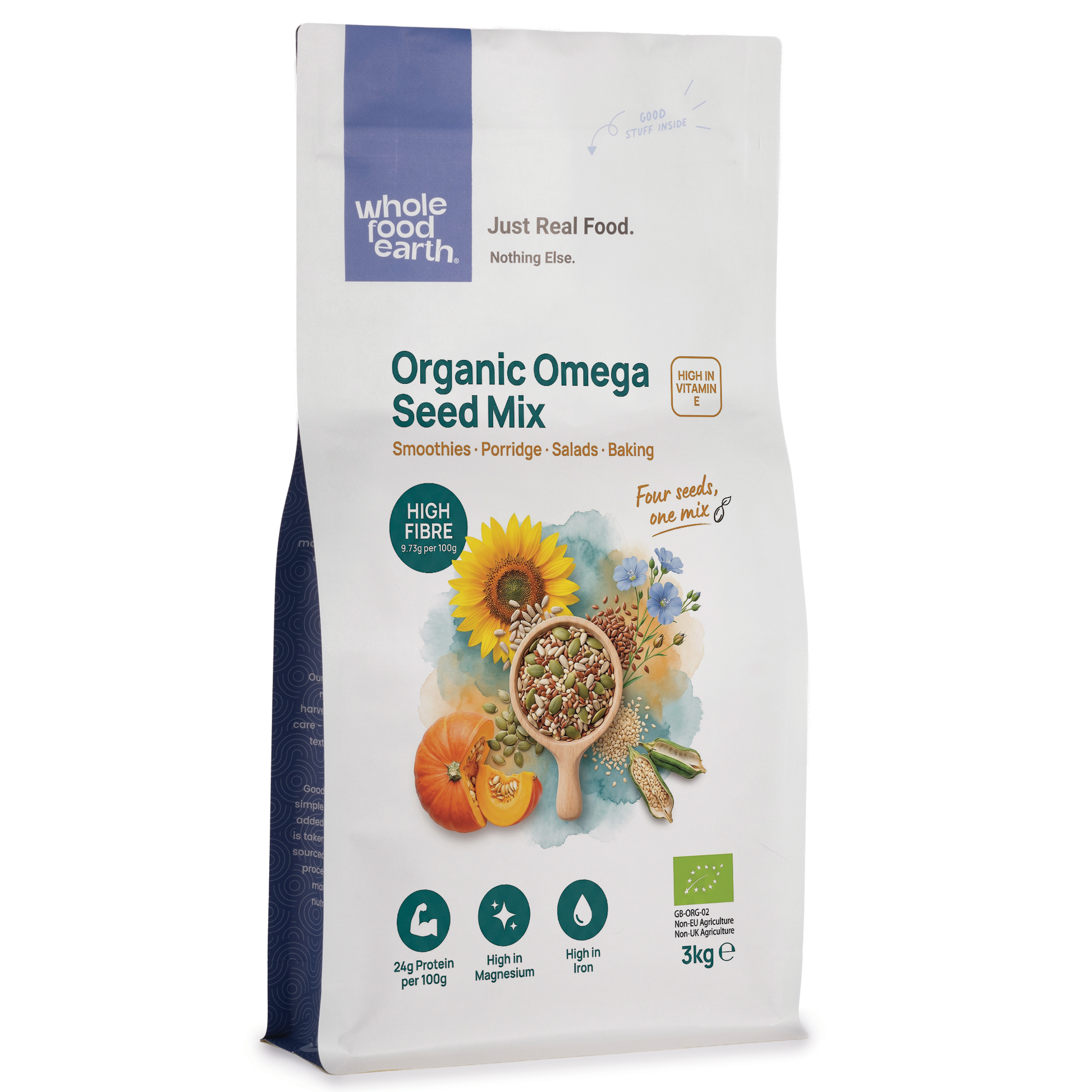 Organic Omega Seed Mix from Whole Food Earth featuring a colorful blend of nutritious seeds in a natural setting.