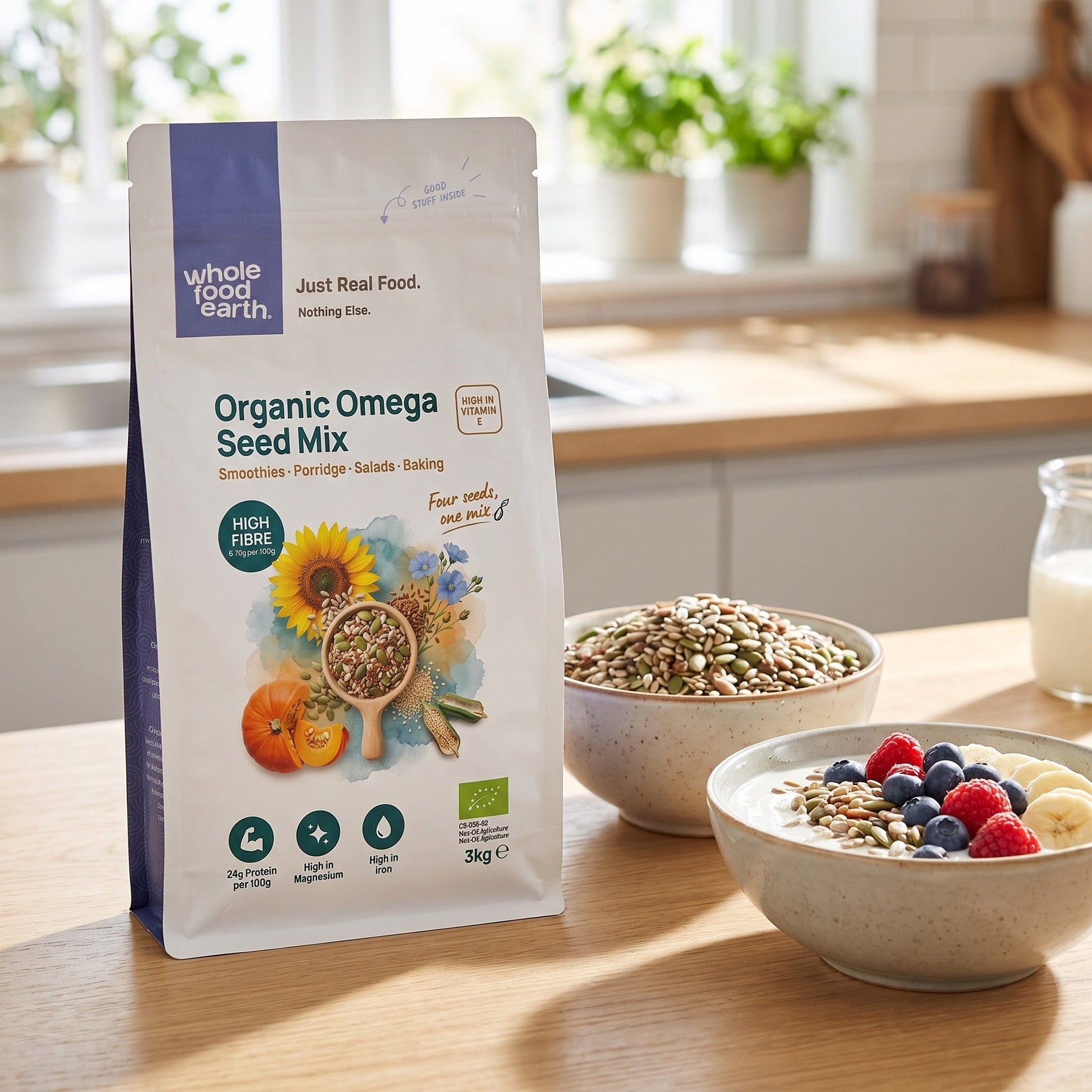Organic Omega Seed Mix from Whole Food Earth featuring a colorful blend of nutritious seeds on a rustic background.