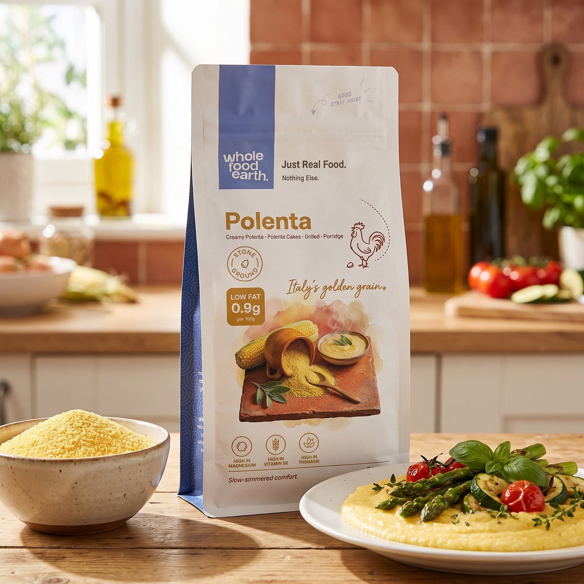 Whole Food Earth polenta made from yellow corn, displayed in a rustic kitchen setting with a bowl of cooked polenta and corn kernels.