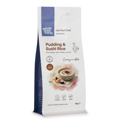 Whole Food Earth pudding and sushi rice package, showing the rice grains in a clear, vibrant bag for rice and couscous variety.