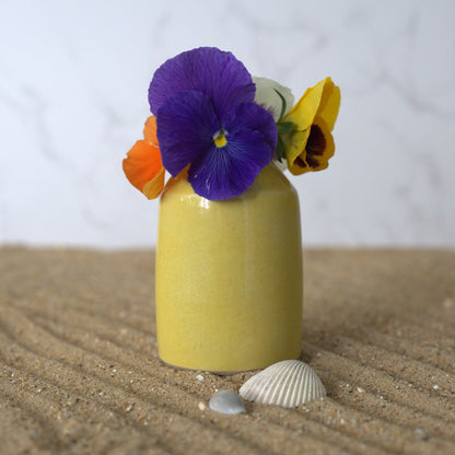 Sun yellow classic bud vase by Katie L Thompson Designs, square-shaped ceramic vase ideal for small floral arrangements.