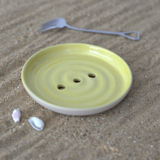 Yellow square soap dish from Katie L Thompson Designs, classic Sun Yellow ceramic soap holder for bathroom decor.