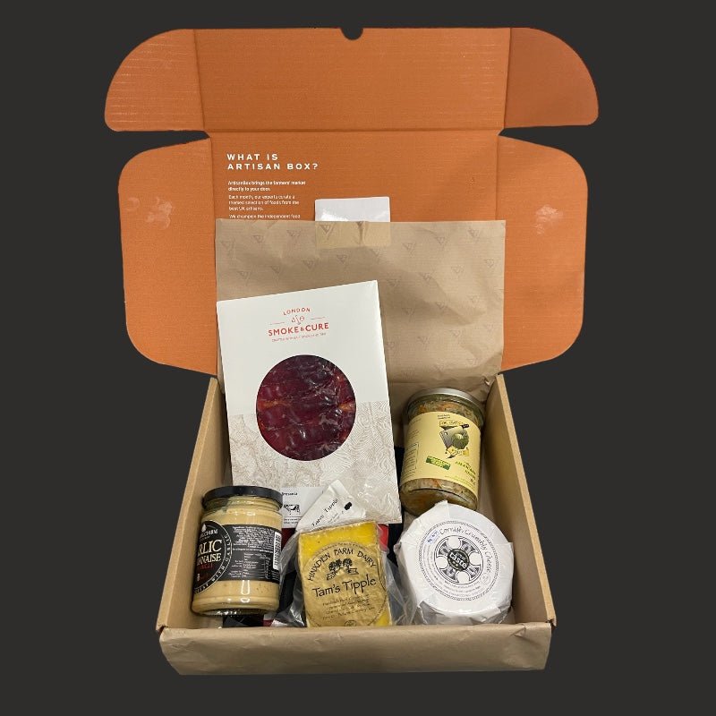 ArtisanBox with lid open showing the array of food inside, Cheese, Charcuterie, Mayo, Sauerkraut and Coffee